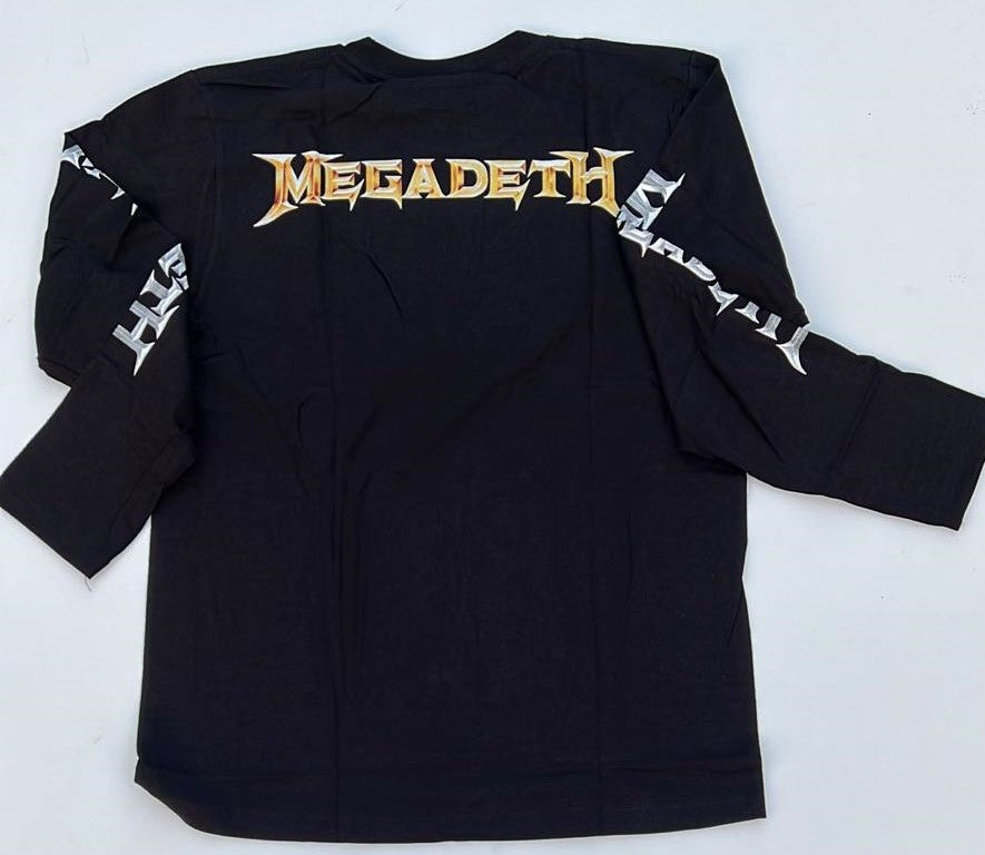 Black 2016 Megadeth Dystopia long sleeve shirt with gold Megadeth logo on back and silver text on sleeves