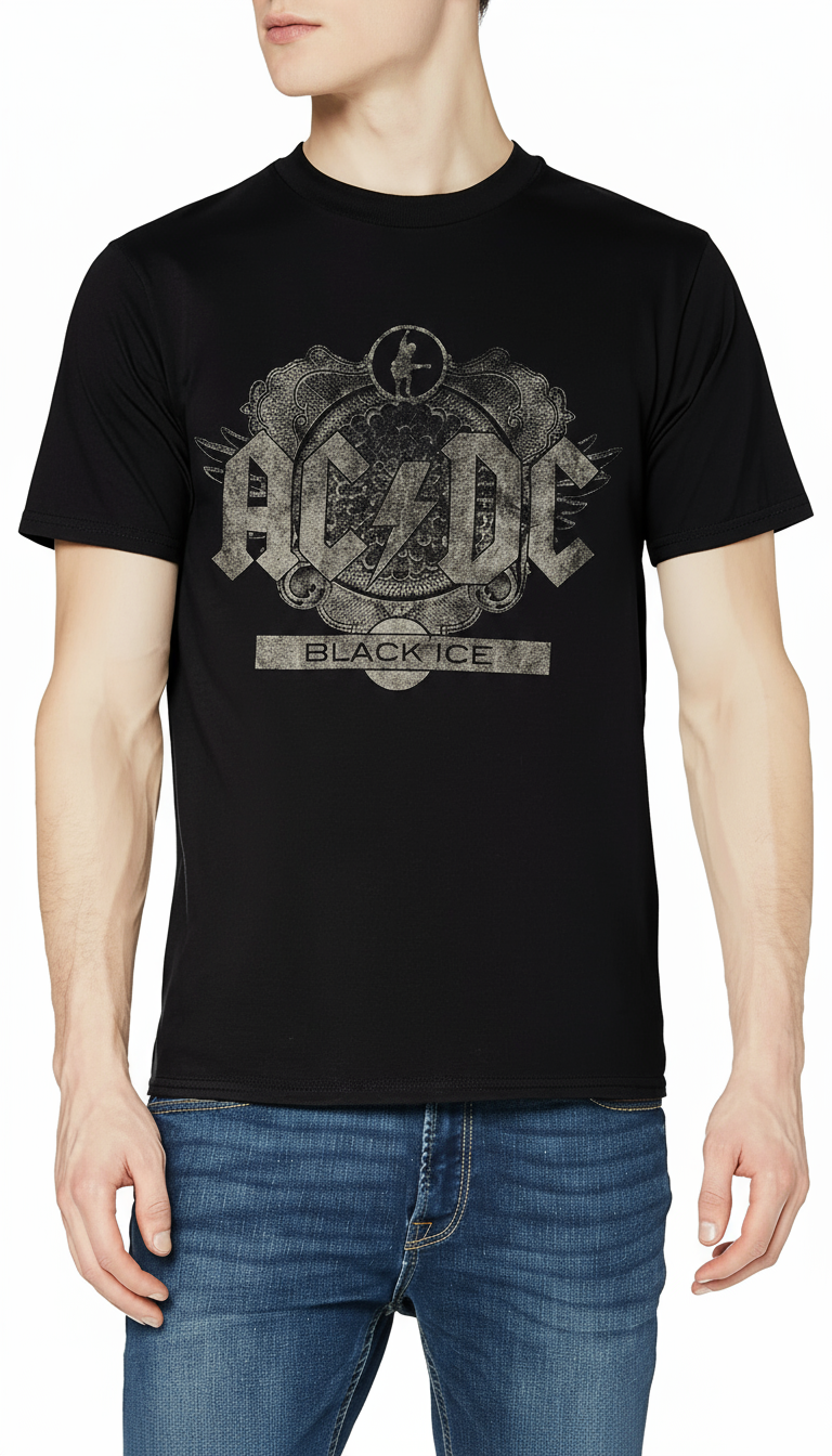 Men's AC DC Black Ice t-shirt in black with vintage graphic print for music fans