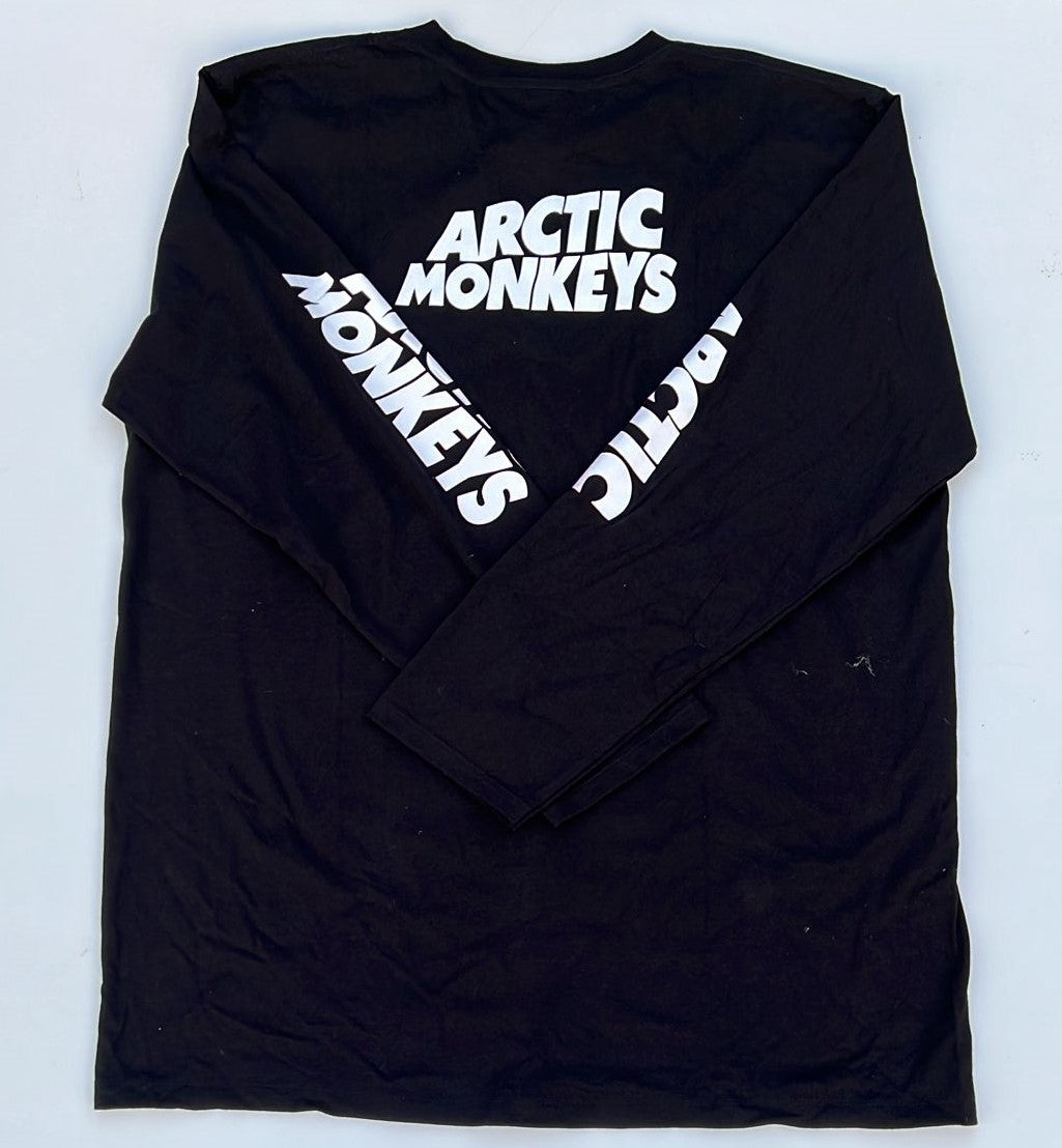 Black long sleeve Arctic Monkeys AM album shirt with white logo text on front and sleeves