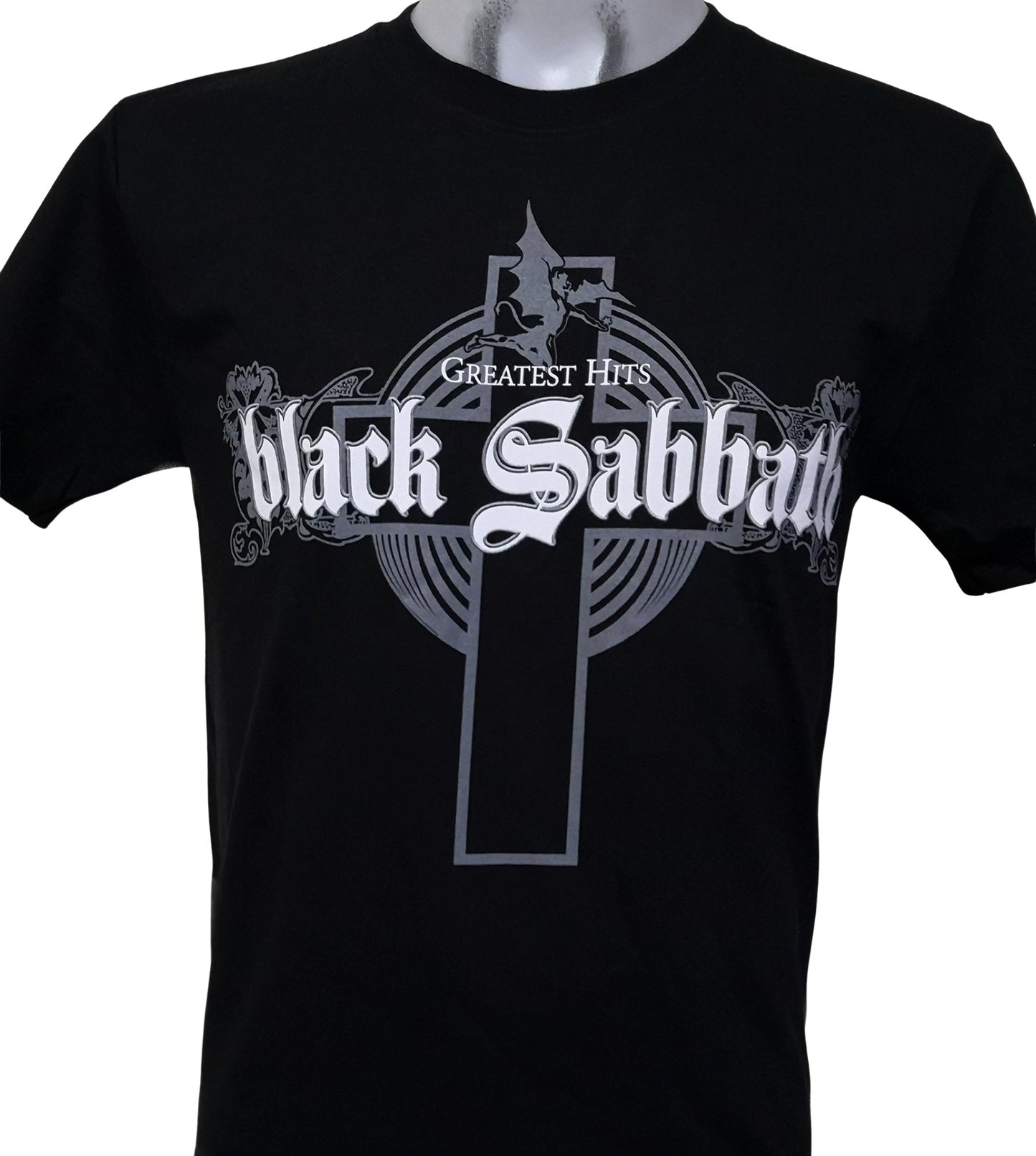 Black Sabbath band t-shirt featuring a cross design and Greatest Hits text on a black background