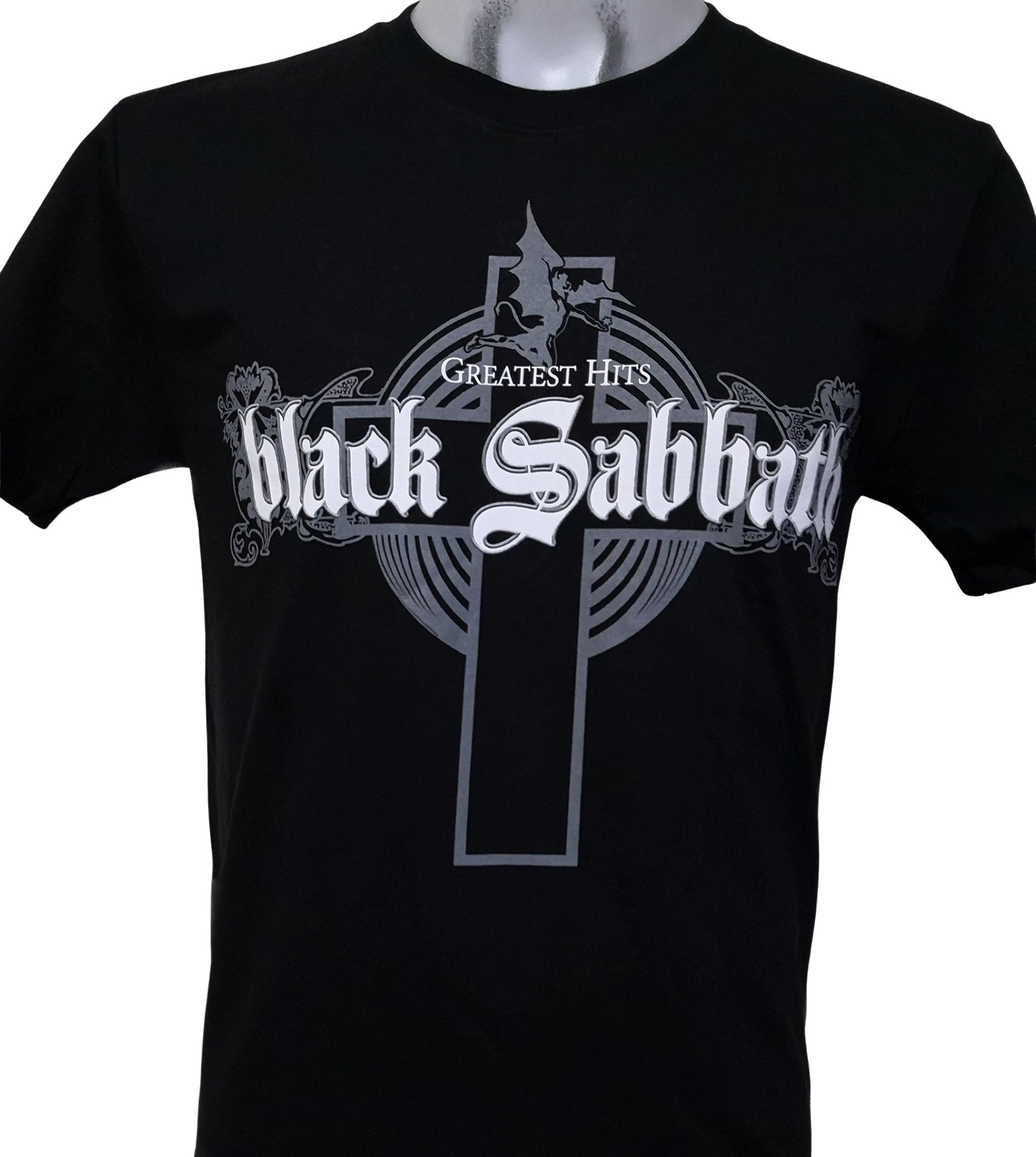 Black Sabbath band t-shirt featuring a cross design and Greatest Hits text on a black background