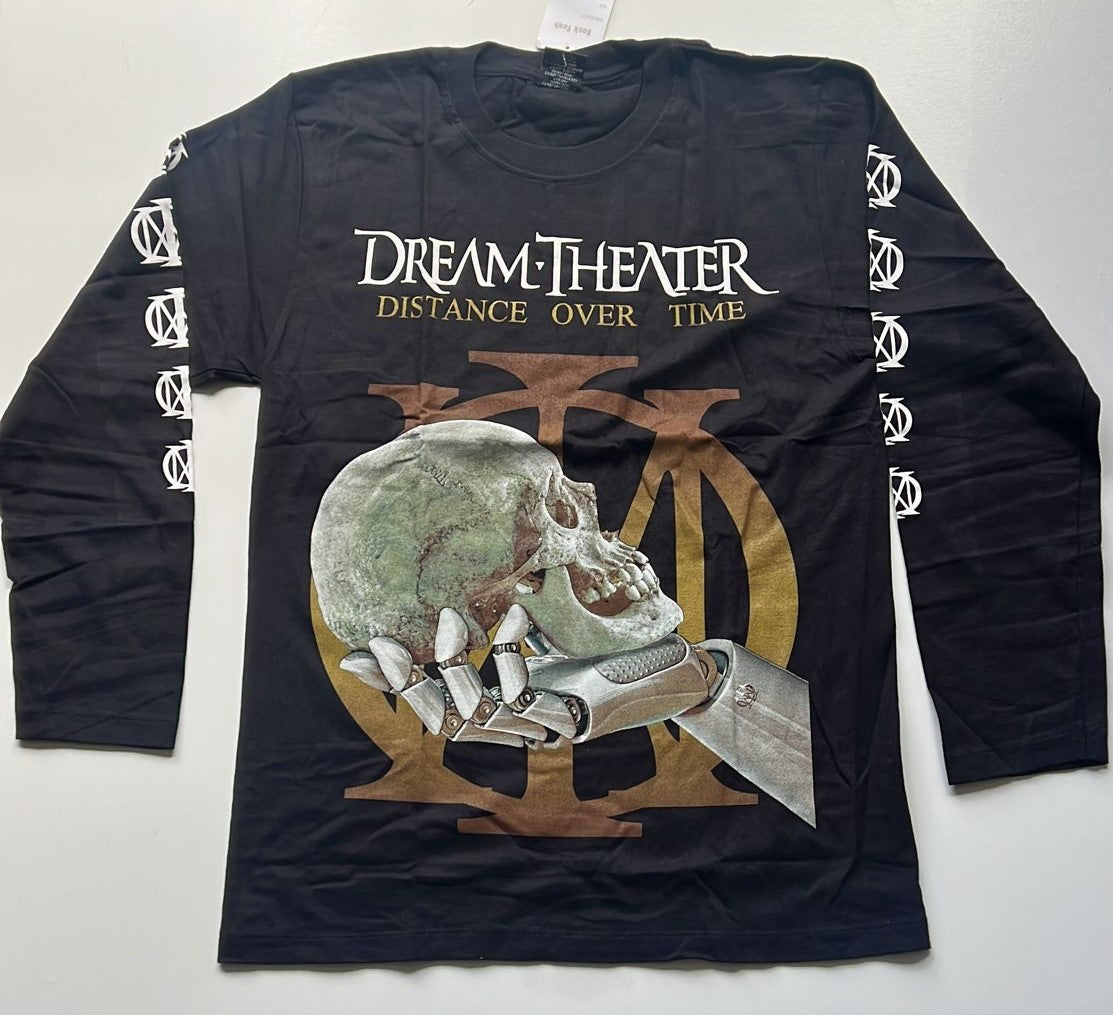 Black long sleeve shirt featuring Dream Theater Distance Over Time album artwork with skull and robotic hand design