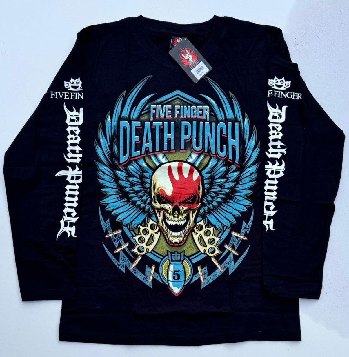 Five Finger Death Punch long sleeve black shirt with graphic skull and wings design from Rebelchords