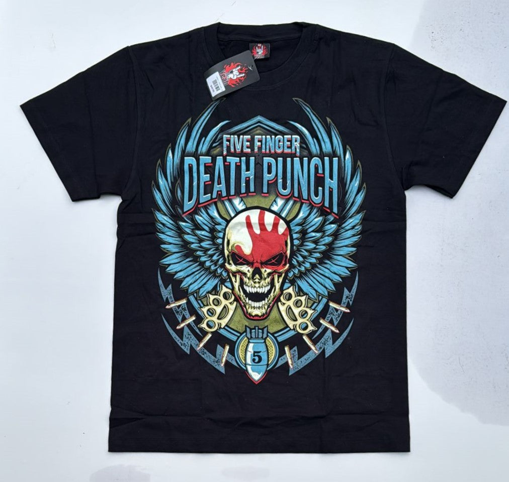 Black Five Finger Death Punch t-shirt with skull and wings graphic and brass knuckles design