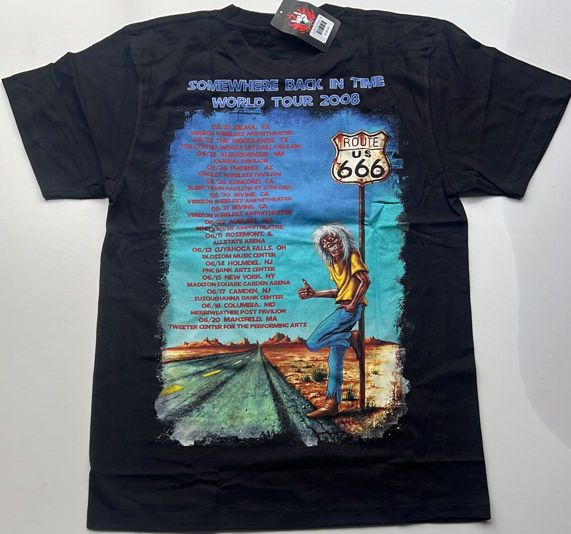 Black Iron Maiden 666 World Tour merchandise t-shirt with colorful tour dates and Route 666 sign graphic