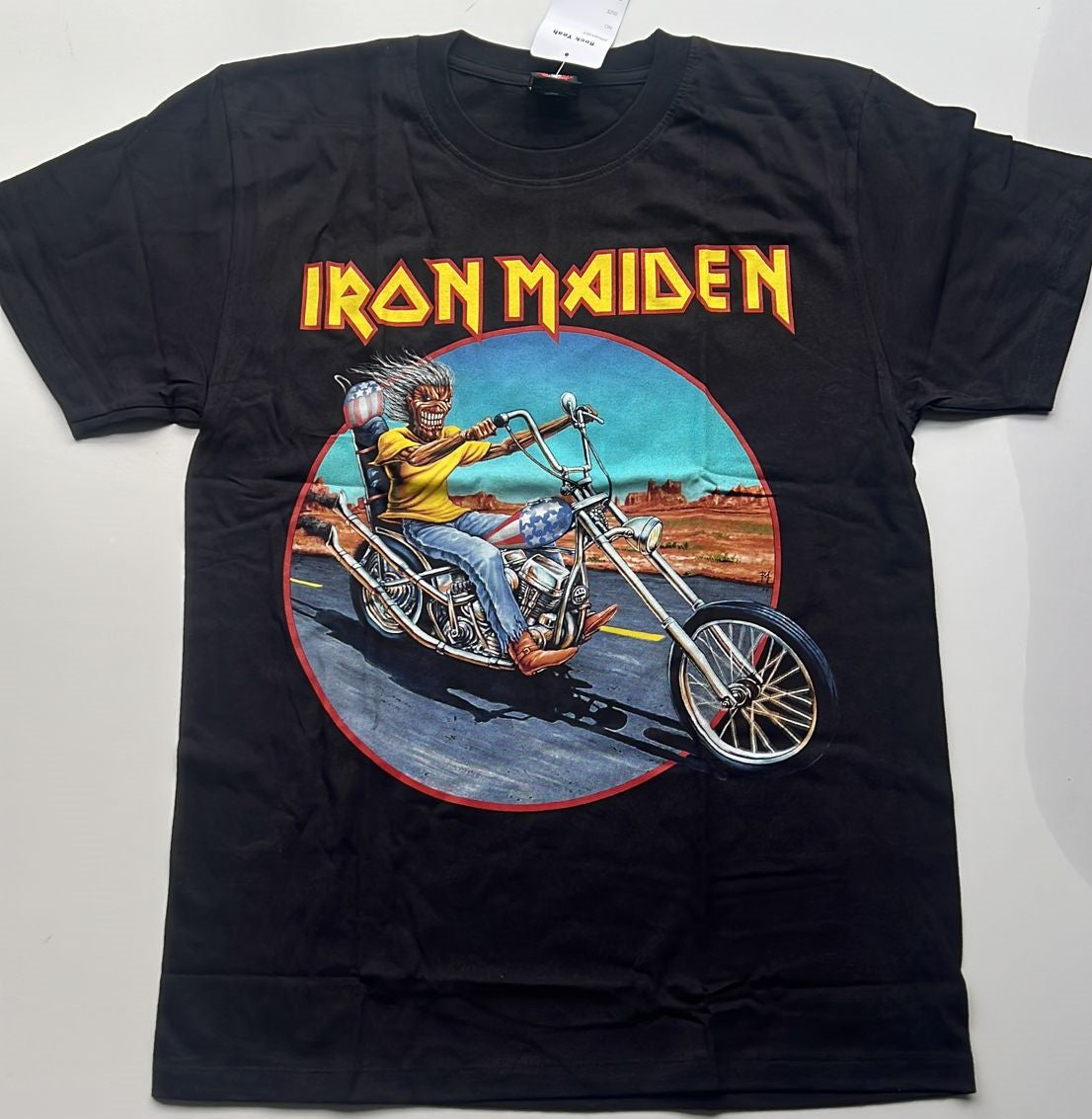 Black Iron Maiden 666 World Tour merchandise t-shirt with Eddie riding a motorcycle graphic