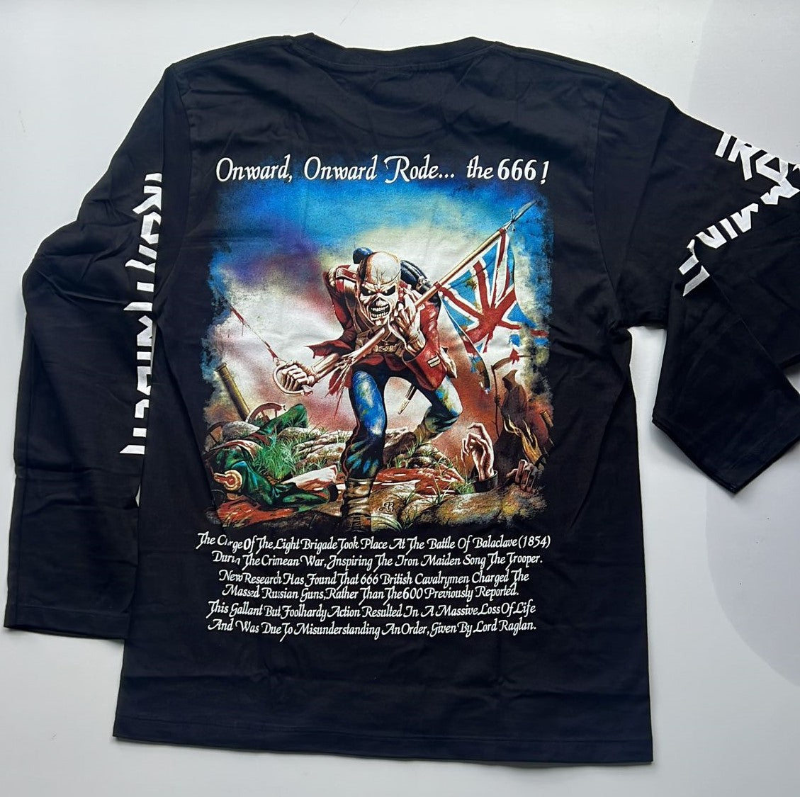 Rebelchords Iron Maiden Beer Trooper shirt with Onward, Onward Rode 666 graphic on black long sleeve