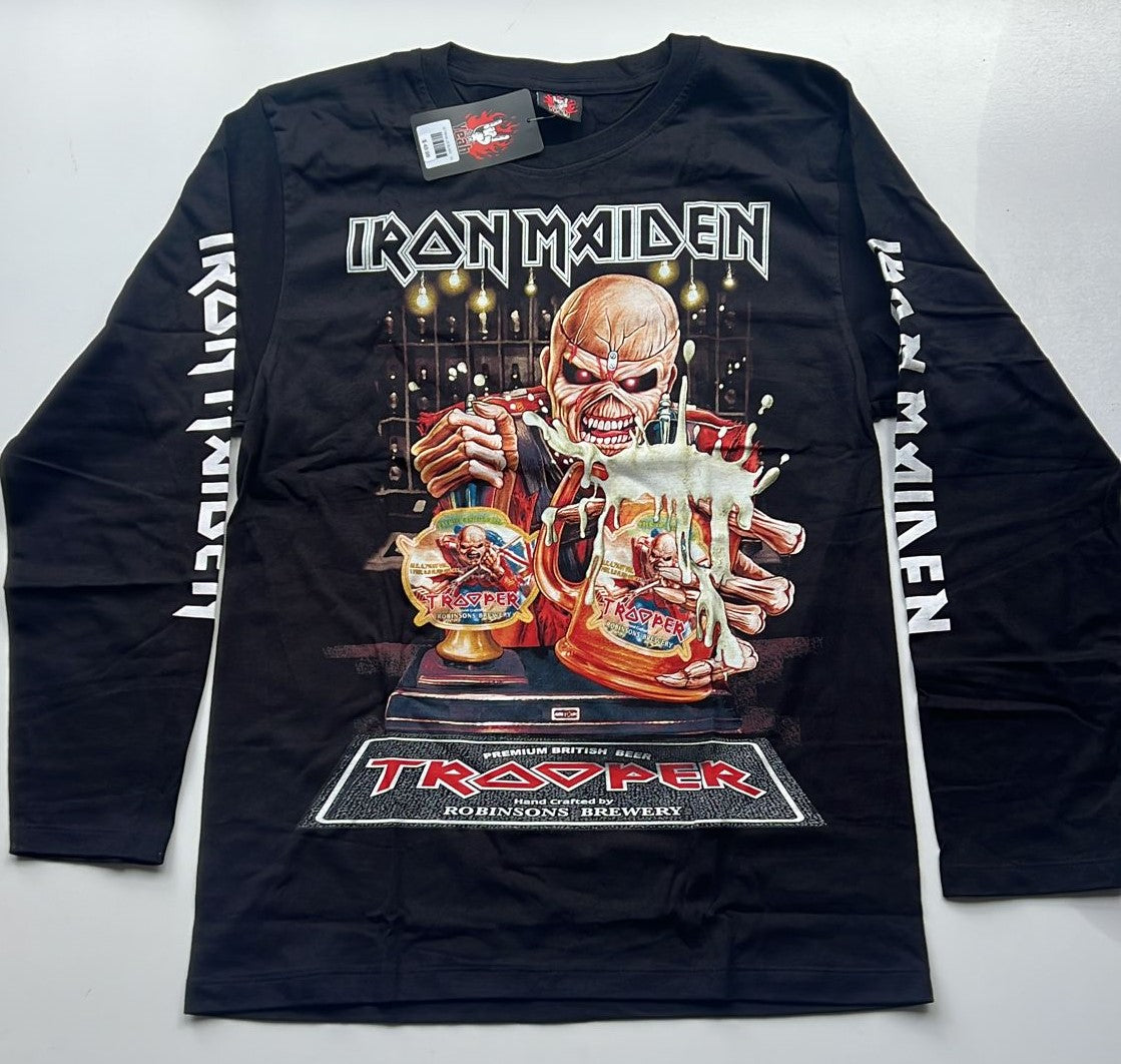 Black Iron Maiden Beer Trooper shirt with graphic of Eddie holding beer mugs and band name on sleeves