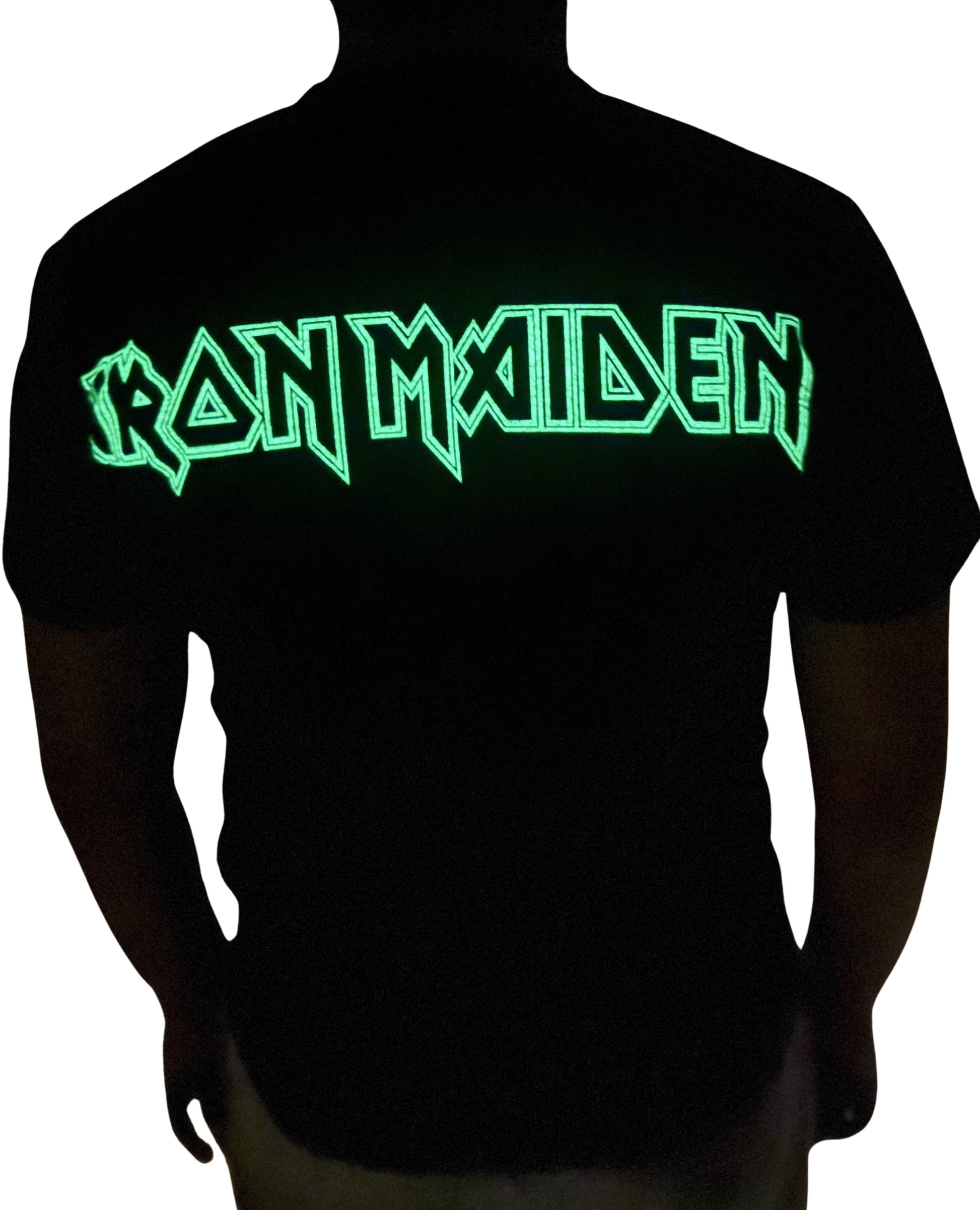 Iron Maiden Fear Live Flames t-shirt with a glow-in-the-dark logo on the back