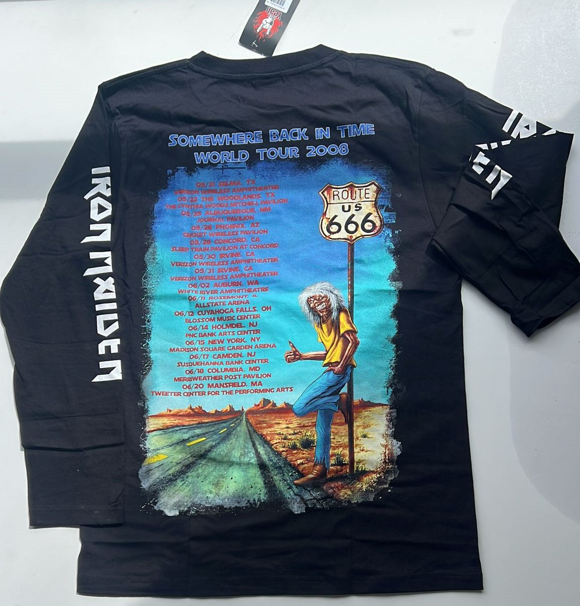 Black Iron Maiden Somewhere Back In Time shirt featuring 2008 world tour dates and Route 666 sign graphic