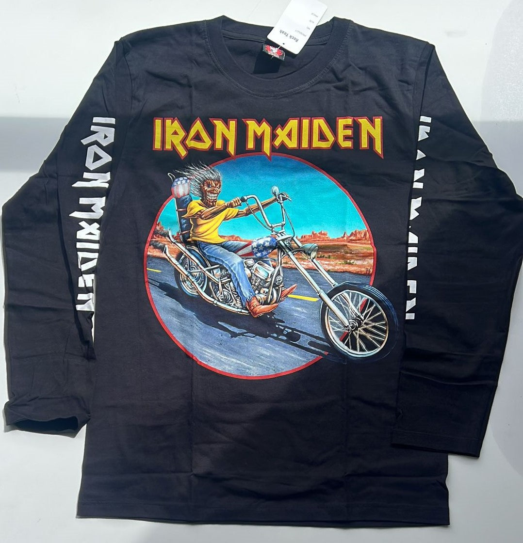 Black long sleeve Iron Maiden Somewhere Back In Time shirt with graphic of Eddie on motorcycle and logo on sleeves