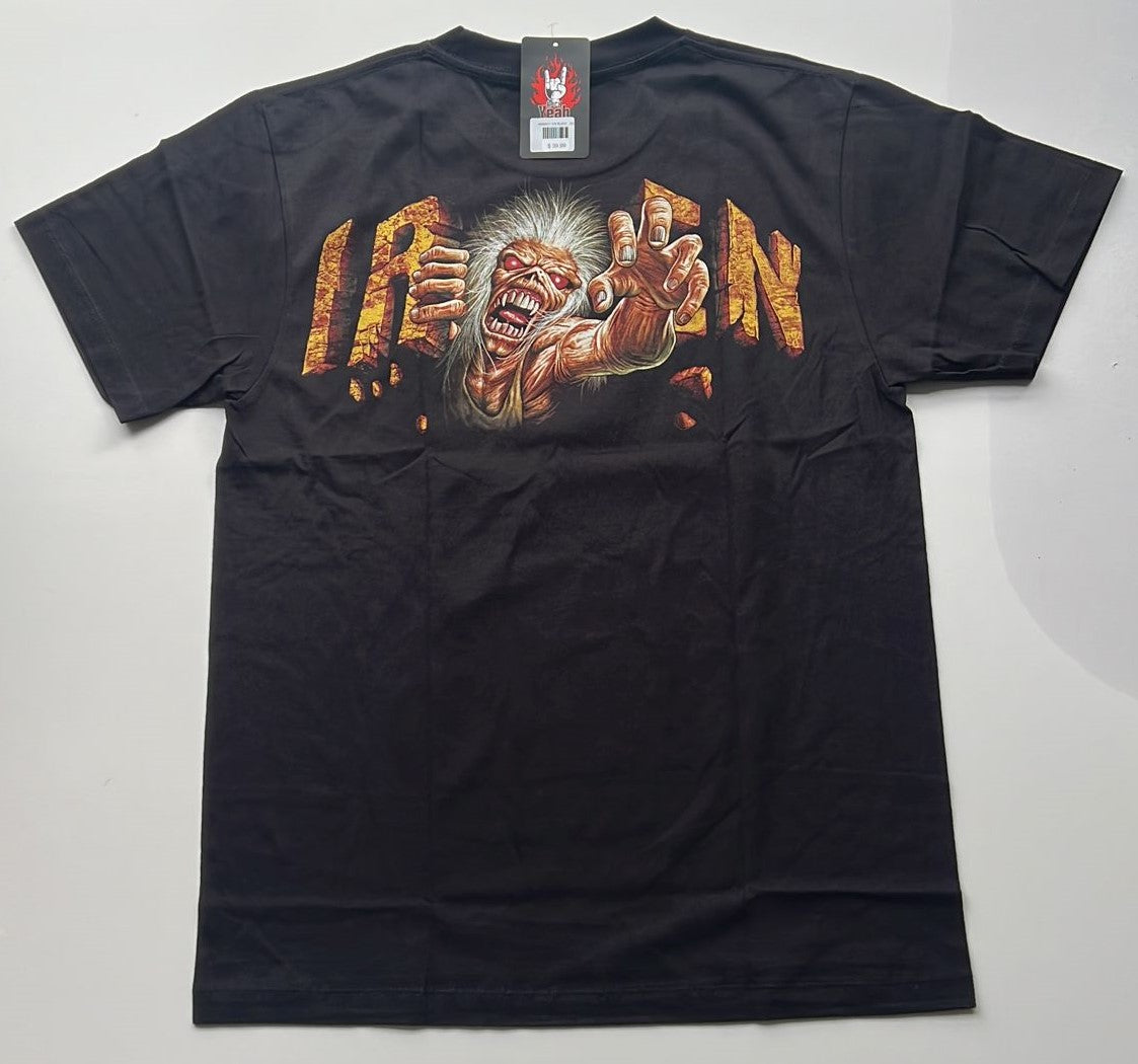 Black Iron Maiden The Trooper shirt featuring graphic of Eddie character reaching out on back
