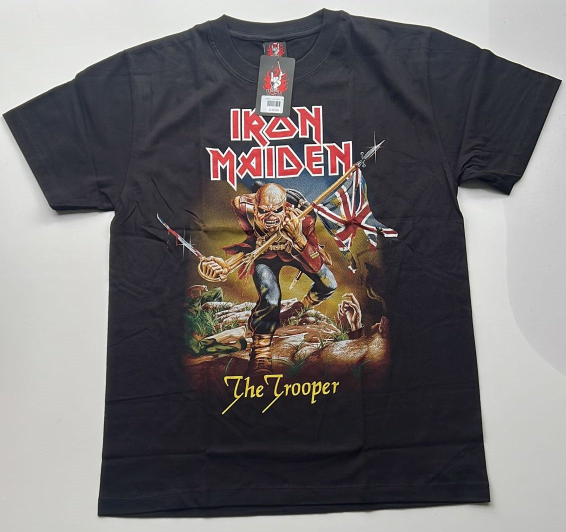 Black Iron Maiden The Trooper shirt featuring band logo and soldier graphic holding a flag