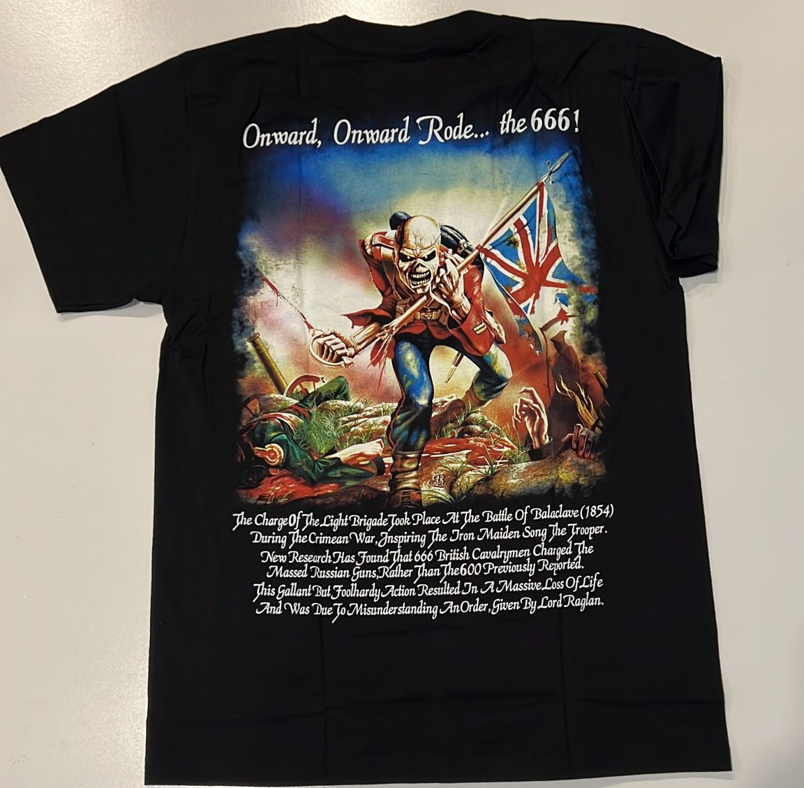Black Iron Maiden Trooper beer shirt featuring detailed graphic of a soldier holding a British flag with text on back