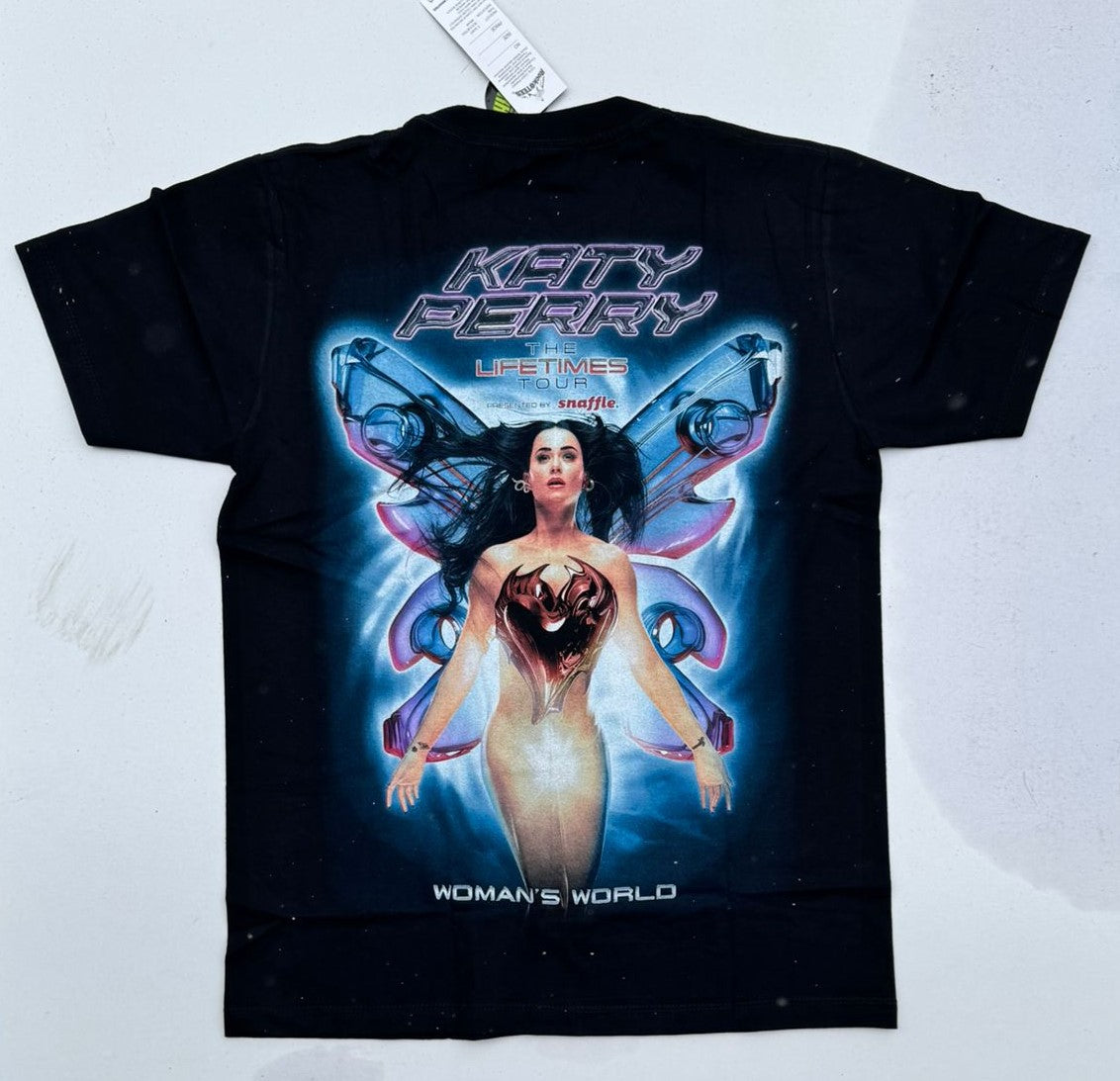 Black Katy Perry Lifetimes Tour shirt with colorful futuristic butterfly wings and Woman's World graphic