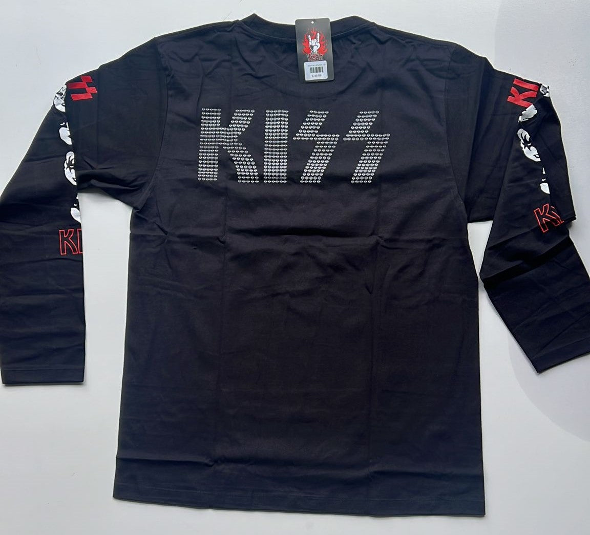 Black long sleeve Kiss 30th Anniversary Tour shirt with band logo and skull designs on sleeves
