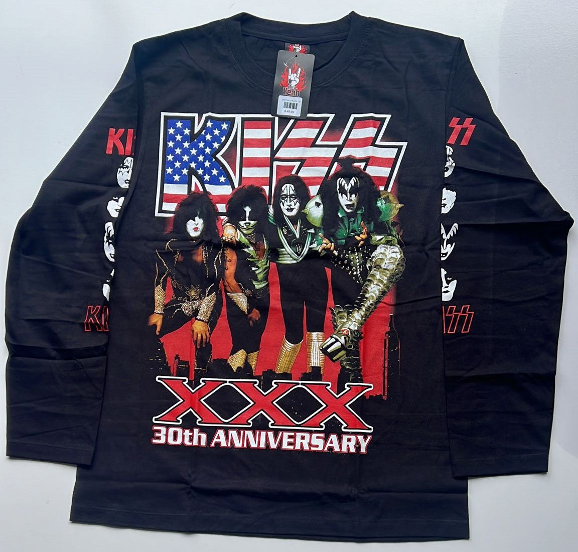 Black long sleeve Kiss 30th Anniversary Tour shirt with band members and American flag logo