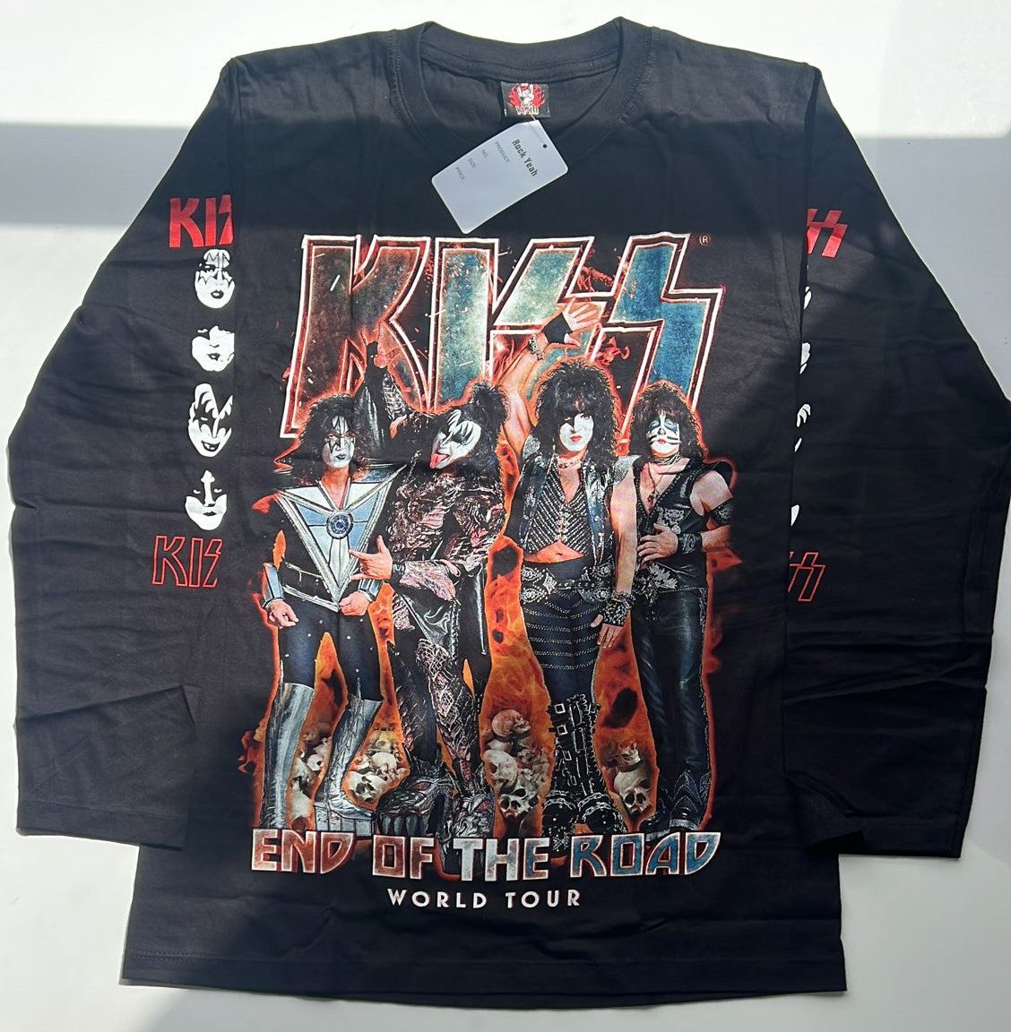 Kiss End of the Road tour shirt featuring band members with face paint and fiery background on black long sleeve