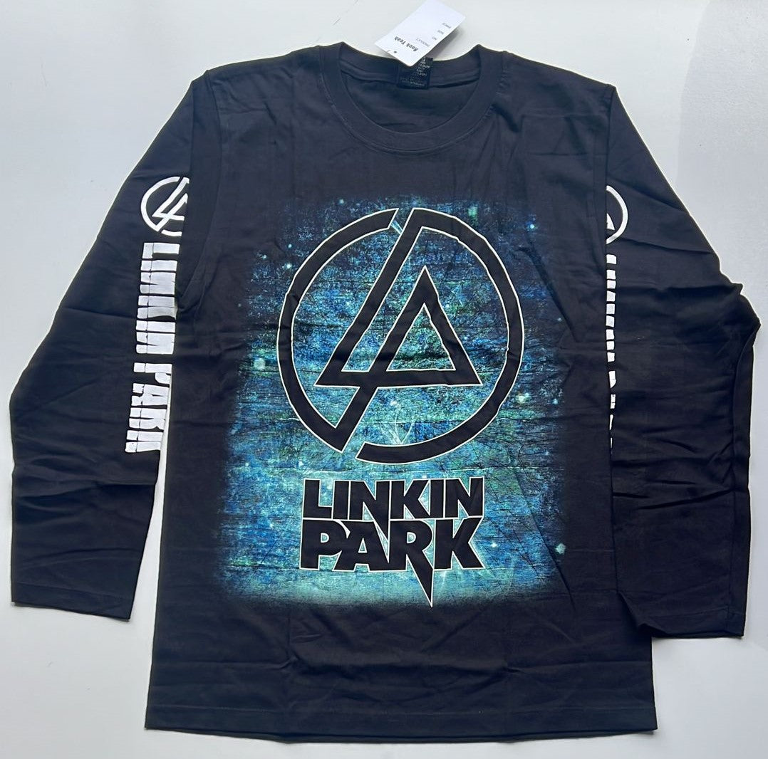 Black Linkin Park long sleeve shirt with band logo on front and white text on sleeves