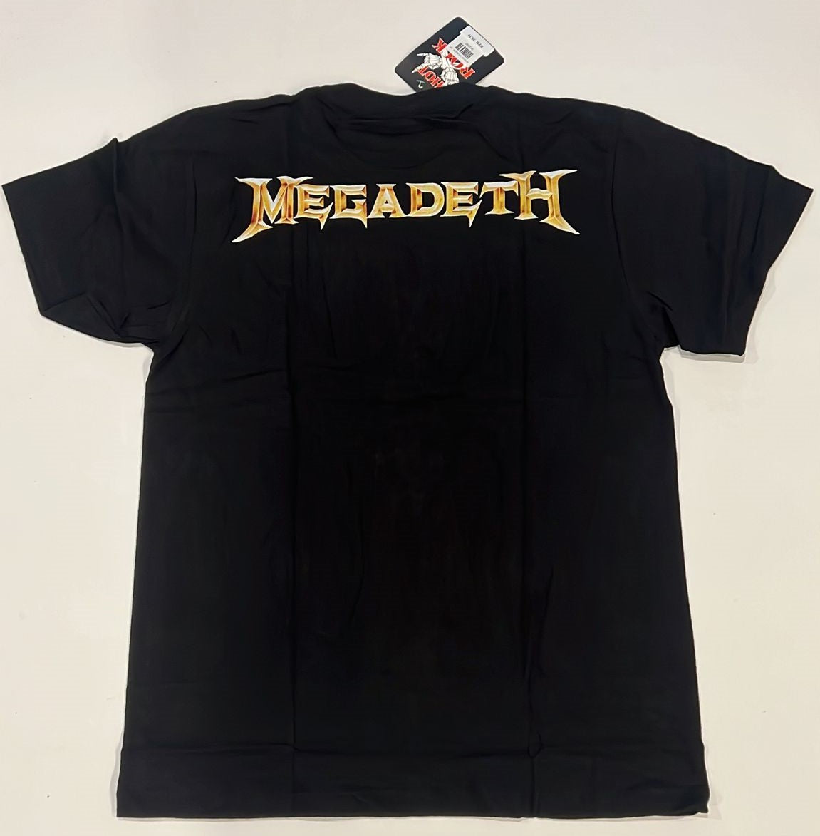 Black Megadeth Dystopia t-shirt with gold Megadeth logo printed on the back by Rebelchords
