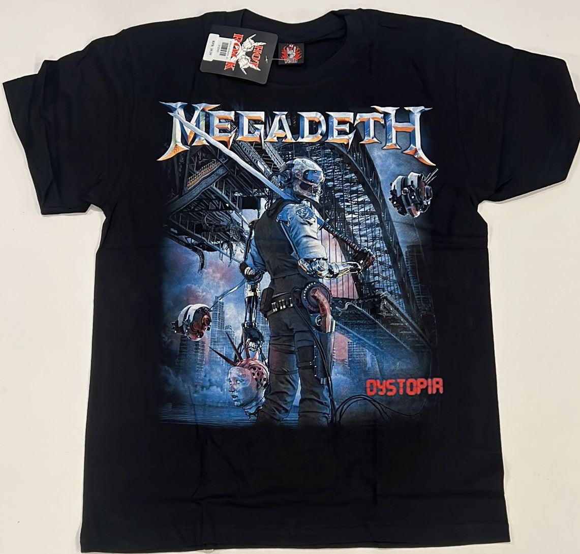 Black Megadeth Dystopia t-shirt featuring futuristic warrior graphic and band logo