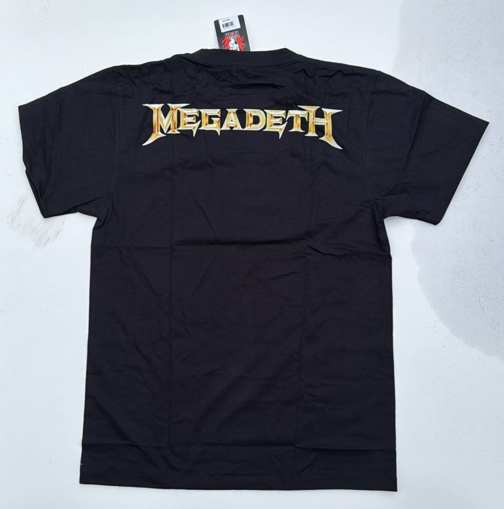Black Megadeth Rust in Peace shirt with gold Megadeth logo on back from Rebelchords