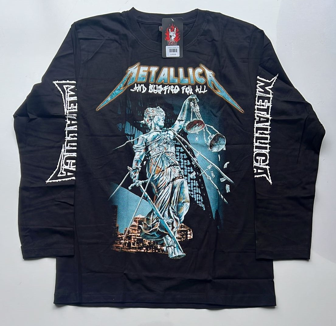 Black Metallica And Justice for All shirt with long sleeves featuring graphic print and band logo on arms