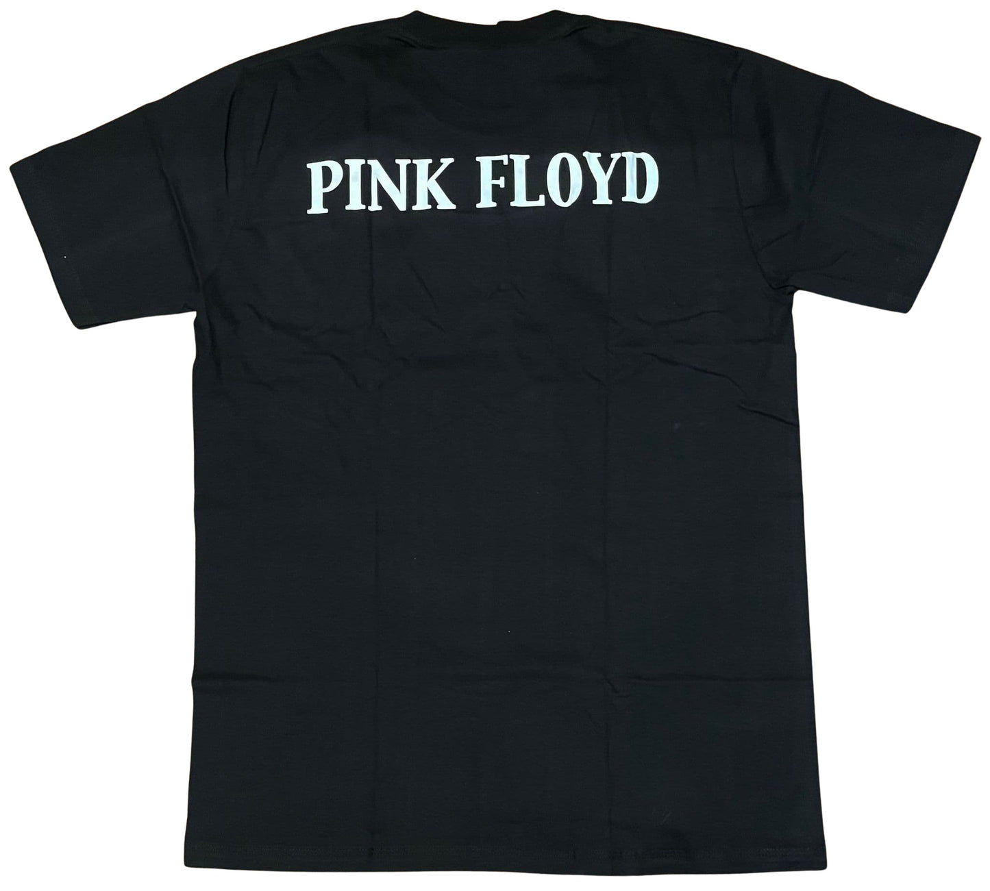 Back view of a black Pink Floyd Dark Side of the Moon t-shirt with bold white lettering