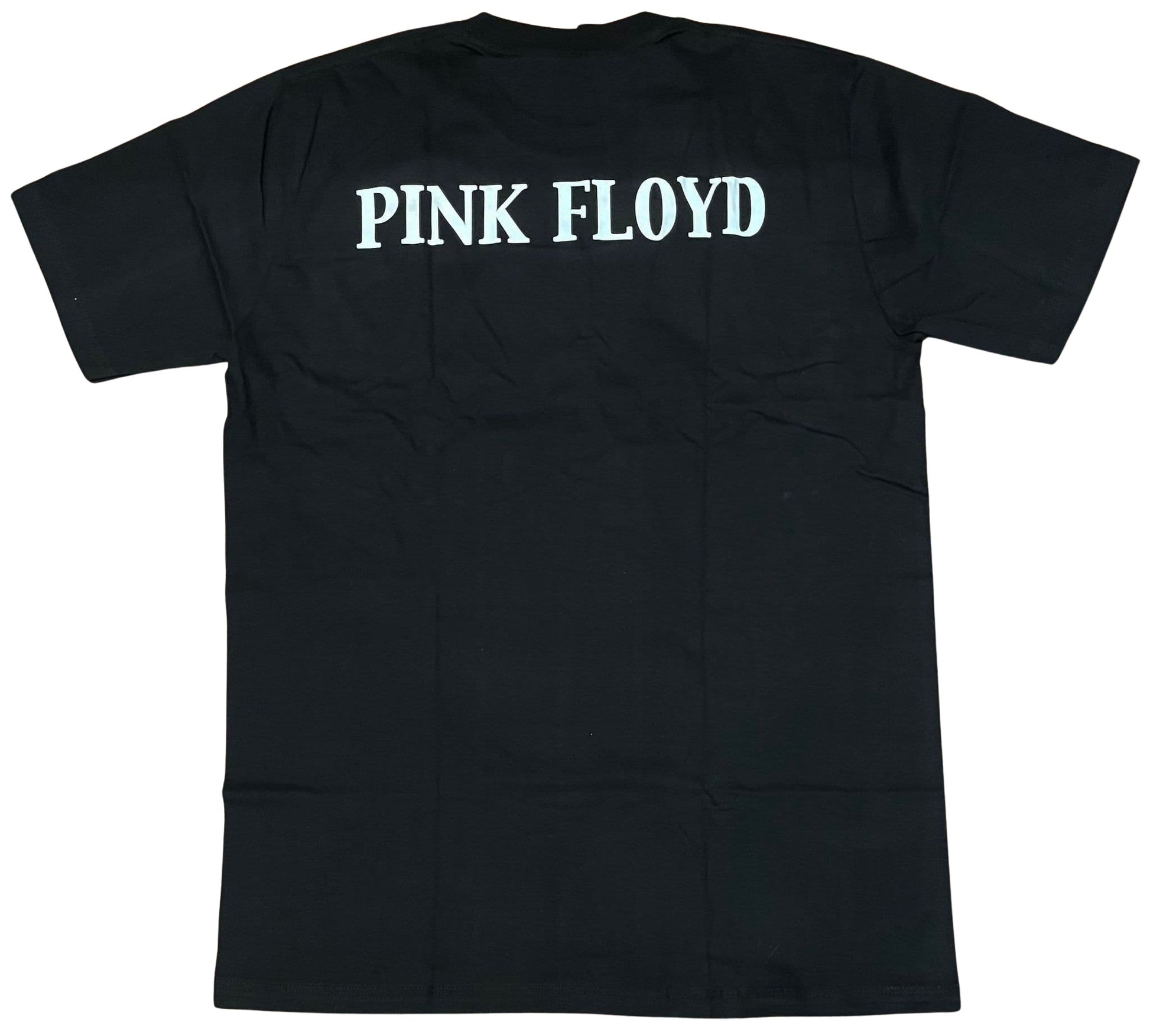 Back view of a black Pink Floyd Dark Side of the Moon t-shirt with bold white lettering