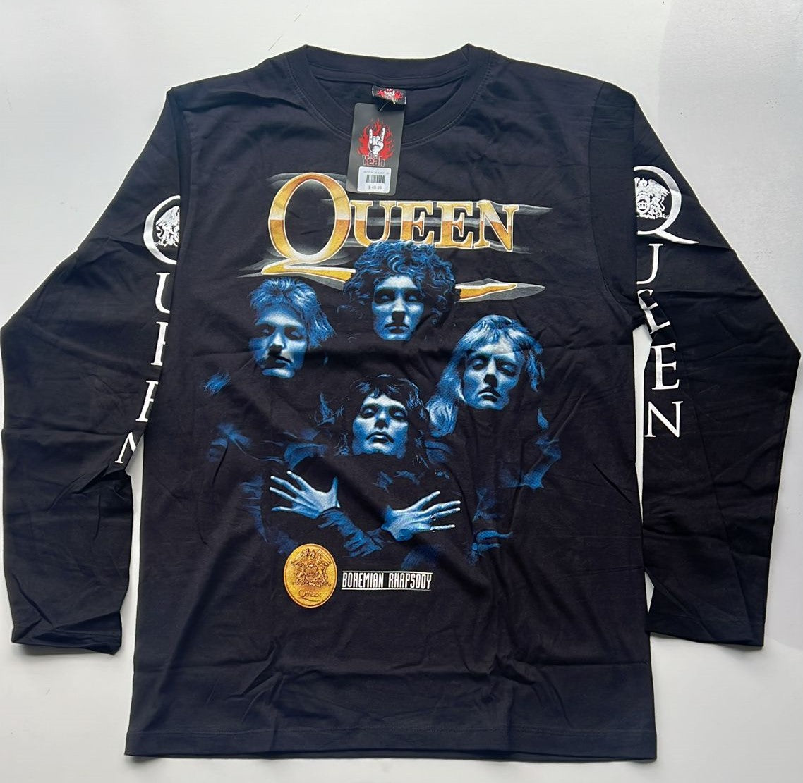 Black Queen Bohemian Rhapsody shirt with band members graphic and logo on front and sleeves