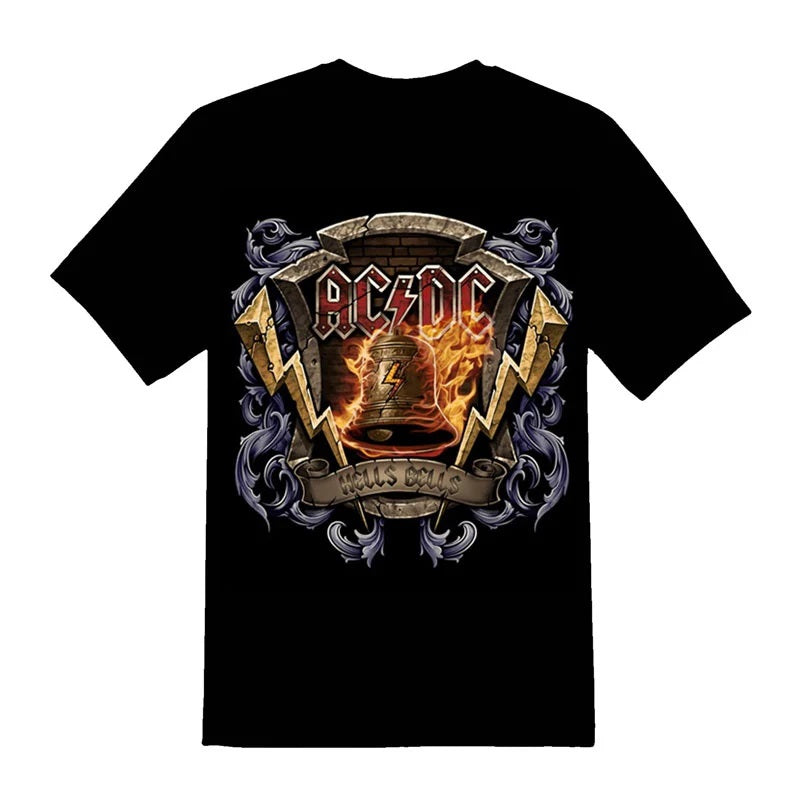 Black AC DC Hells Bells print t-shirt from Rebelchords featuring bold graphics and lightning design
