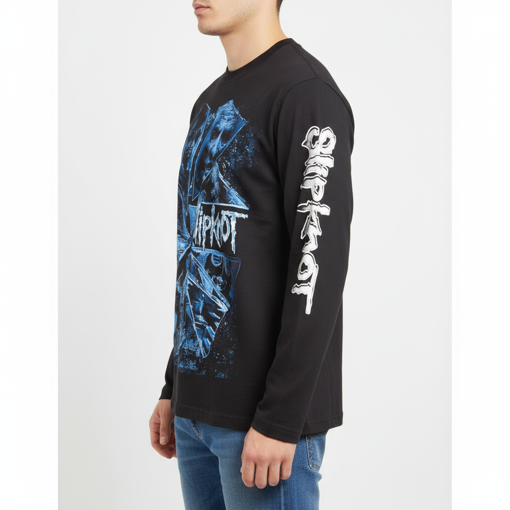 Rebelchords Slipknot The Devil in I shirt in black with blue graphic design on front