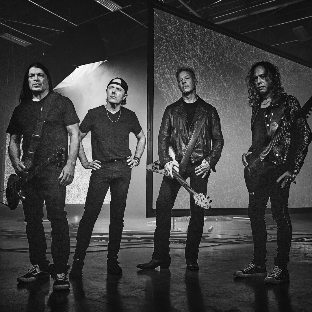 Black and white image of Metallica band members for Metallica t-shirts for sale collection
