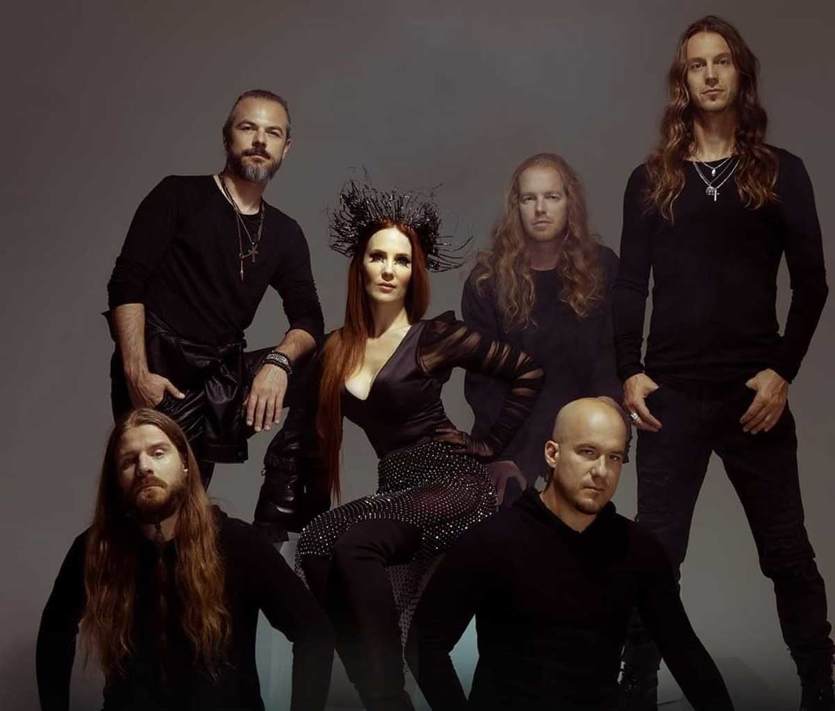 Epica band members posing for a promotional image promoting Epica t-shirts for sale