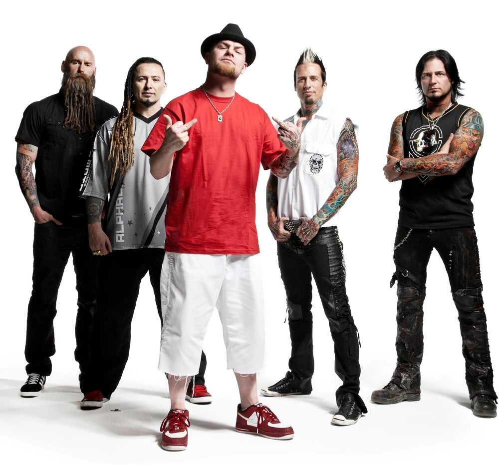 Five Finger Death Punch band members wearing casual and tattooed styles promoting Five Finger Death Punch band shirts