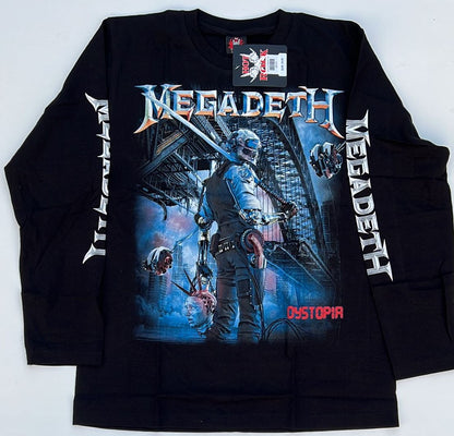 2016 Megadeth Dystopia long sleeve black shirt featuring dystopian artwork and band logo on front and sleeves