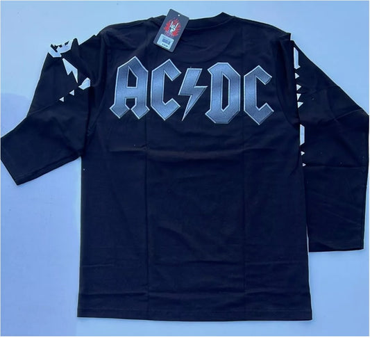 Black Rebelchords AC DC Black Ice shirt with silver logo and white geometric designs on sleeves