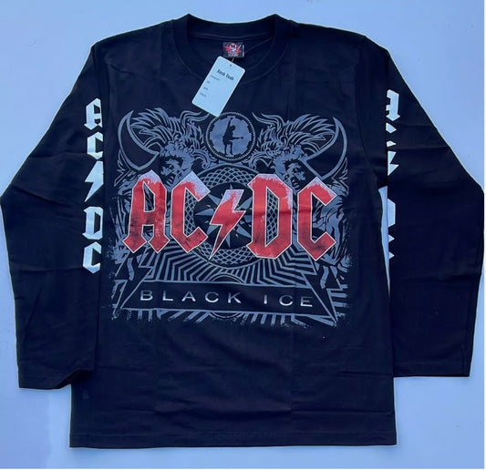 Black long sleeve AC DC Black Ice shirt with red and white graphic design and band logo on sleeves