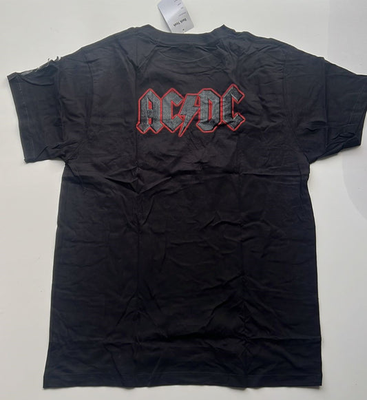 Black AC DC Black Ice t-shirt with red and gray logo design by Rebelchords laid flat