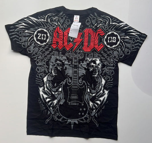 Rebelchords AC DC Black Ice t-shirt featuring band graphics with red AC DC logo and black guitar design