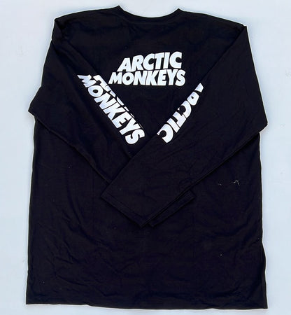 Black long sleeve Arctic Monkeys AM album shirt with white logo text on front and sleeves