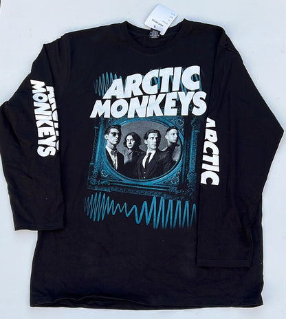Black long sleeve Arctic Monkeys AM album shirt with band photo and logo on front and sleeves