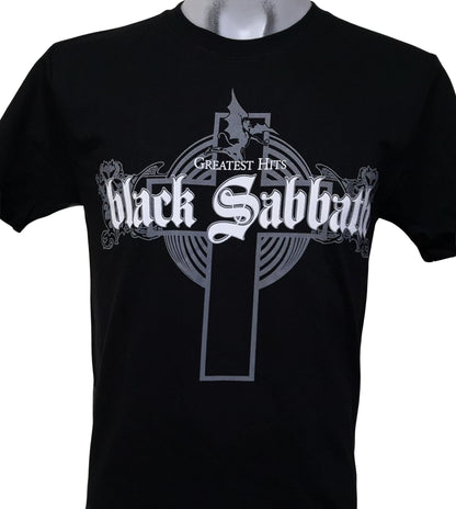 Black Sabbath band t-shirt featuring a cross design and Greatest Hits text on a black background