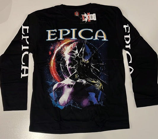 Black Epica tour shirt 2017 with colorful cosmic design and Epica text on sleeves and chest