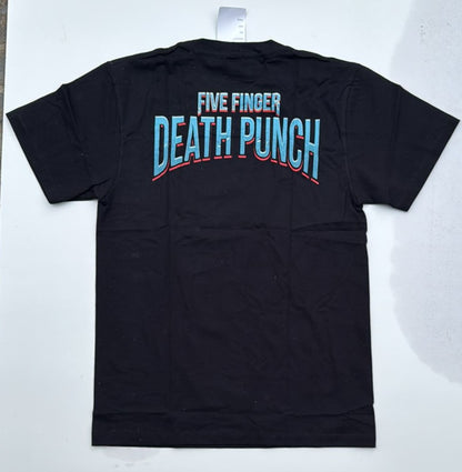 Black Five Finger Death Punch t-shirt with blue and red band logo text on the back