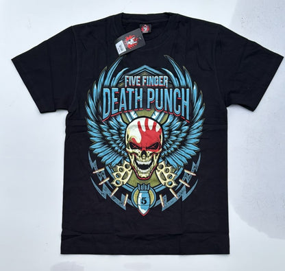Black Five Finger Death Punch t-shirt with skull and wings graphic and brass knuckles design