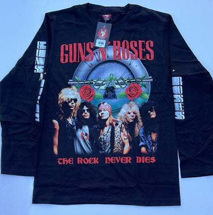 Black Guns N' Roses long sleeve t-shirt with band photo and The Rock Never Dies t-shirt text