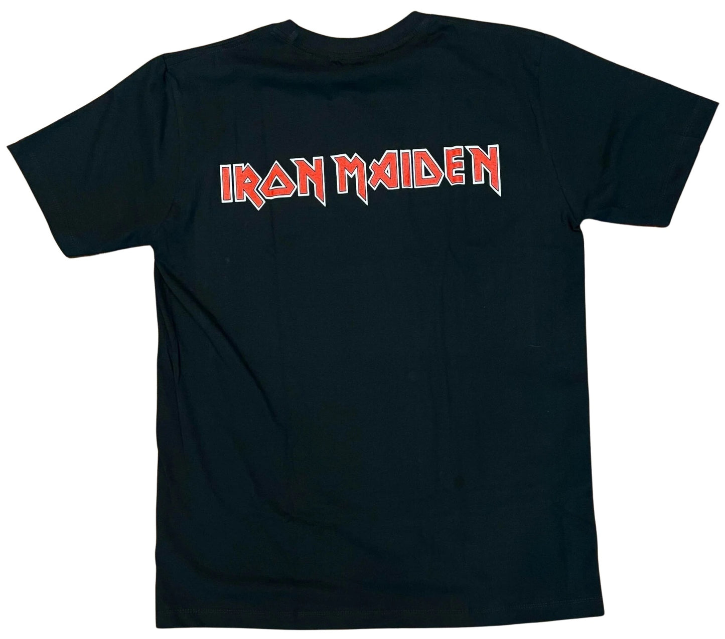 Back view of Iron Maiden Eddie t-shirt featuring bold graphic logo in red on black fabric