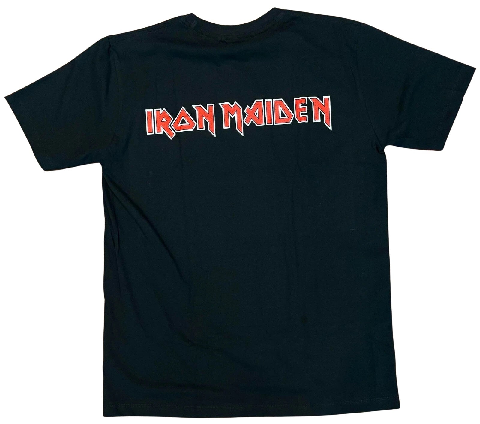Back view of Iron Maiden Eddie t-shirt featuring bold graphic logo in red on black fabric