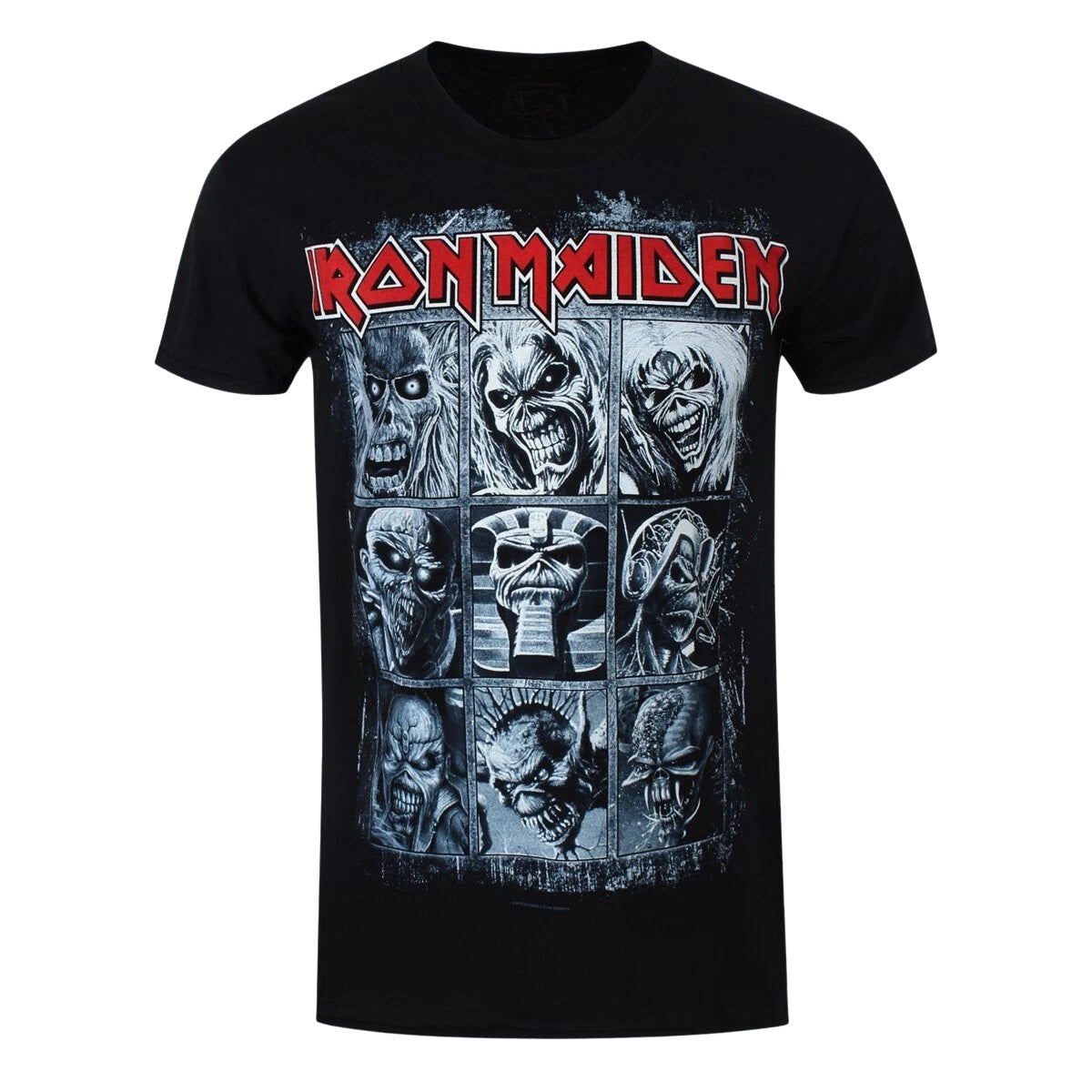 Black Iron Maiden Eddie t-shirt featuring iconic album art graphics in a grid layout